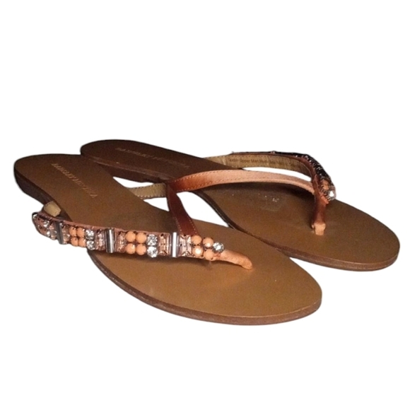 Badgley Mischka Kamryn Jewelled Summer Peach Thong Leather Sandals Size 8 - Picture 1 of 7